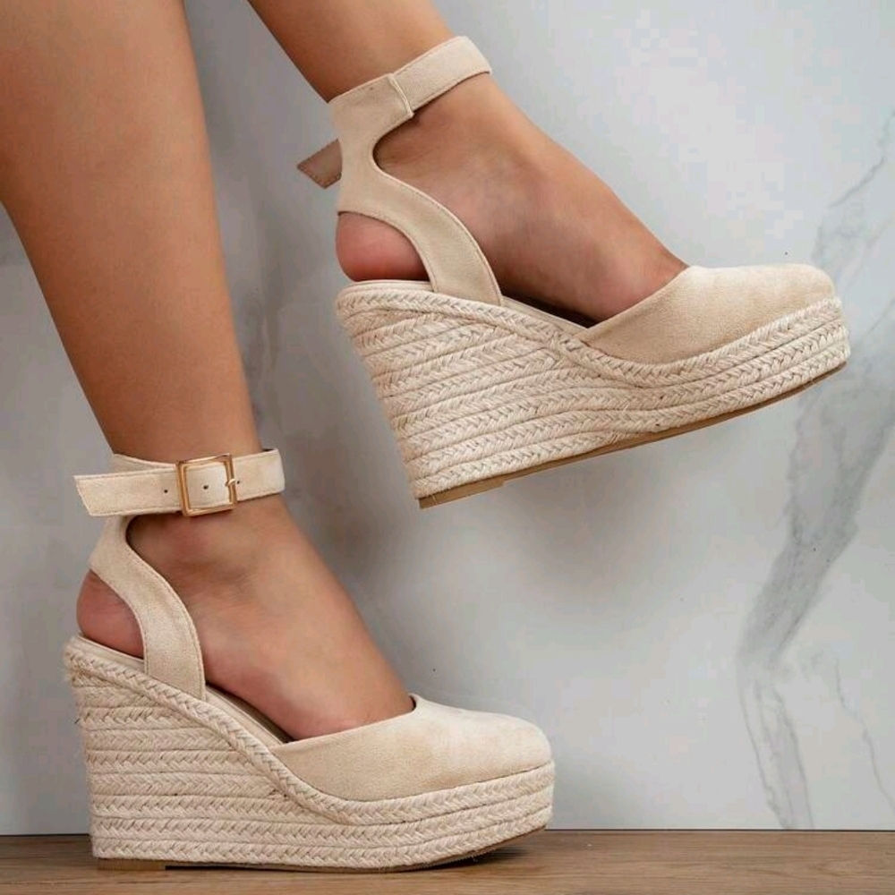 Women Beige Ankle Strap Woven Wedge Sandals, Round Toe High Heel For Vacation - Picture 1 of 6
